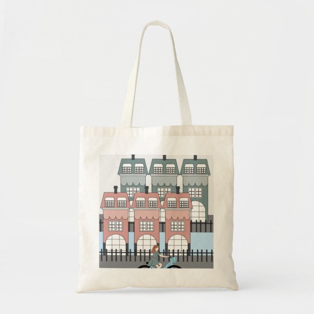 Bolso De Tela Girl Riding Bike Past Amsterdam Tall Houses Art (Frente)