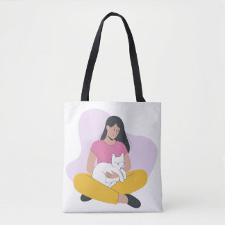 Bolso De Tela Girl with Cat – Cute Minimalist Cat Lover Tote