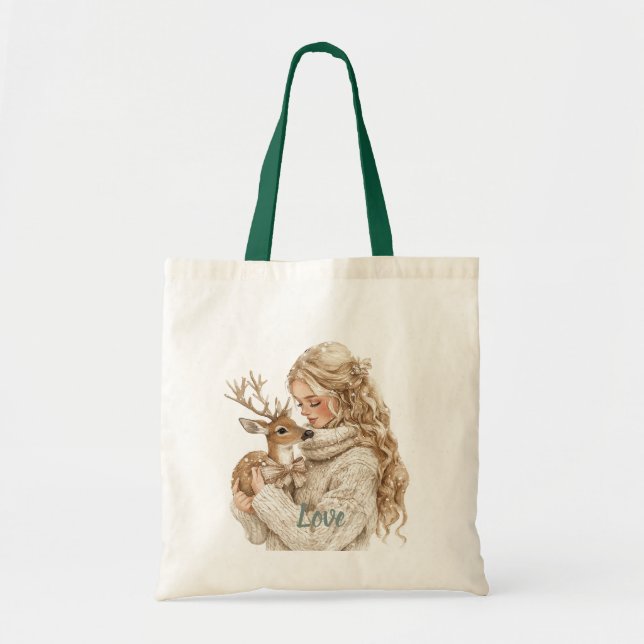 Bolso De Tela Girl with Deer Christmas (Frente)