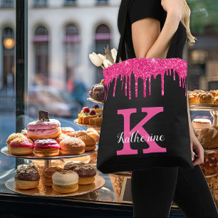 Bolso De Tela Girly Black Hot Pink Purpurinas Dris Monograma Nom