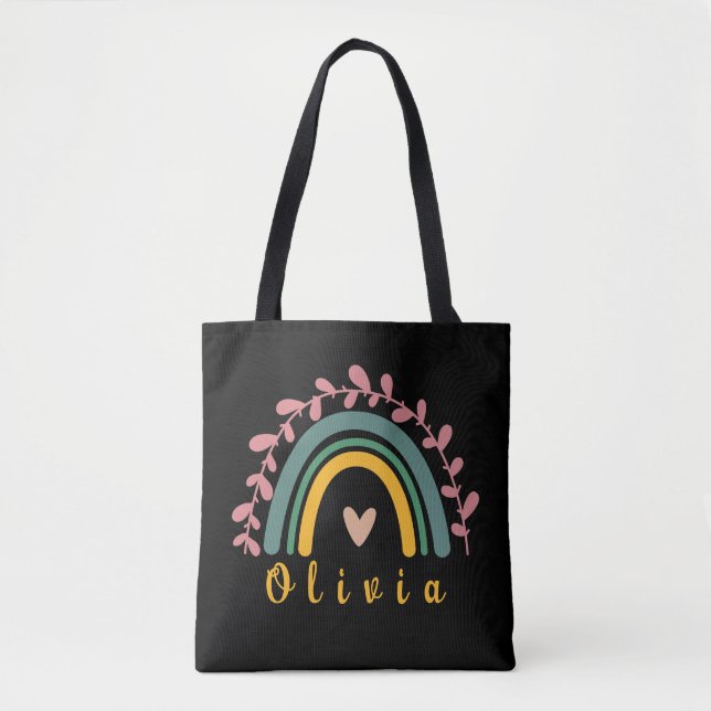 Bolso De Tela Girly Boho Rainbow con nombre personalizado (Anverso)