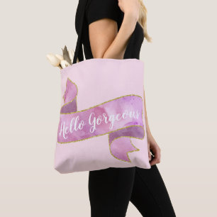 Bolso De Tela Girly Bonito Rubor Rosa Hello Gorgeous Gold Ribbon