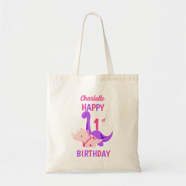 Bolso De Tela Girly Dinosaur 1er cumpleaños Rosa (Frente)