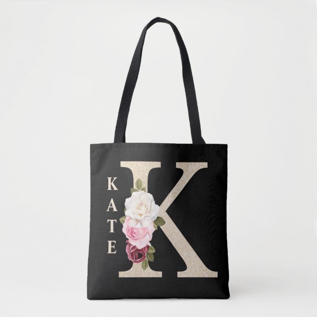 Bolso De Tela Girly Faux Gold purpurina Letra floral K Monograma (Anverso)
