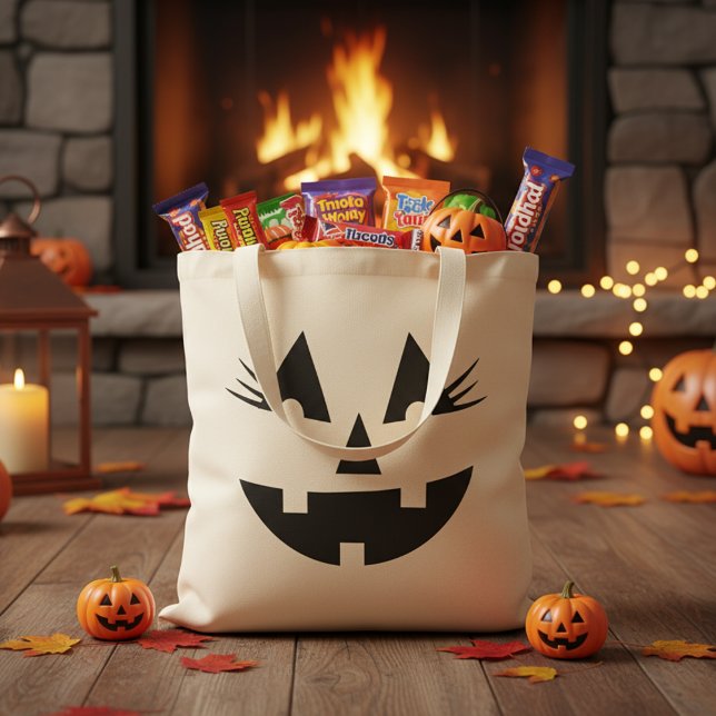 Bolso De Tela Girly Jack-O-Lantern Calabaza Halloween (Girly Jack-O-Lantern Pumpkin Face Halloween Tote Bag)