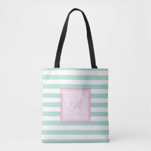 Bolso De Tela Girly Mint Green Striped,Monograma Personalizado