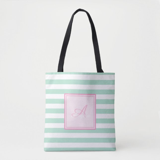 Bolso De Tela Girly Mint Green Striped,Monograma Personalizado (Anverso)