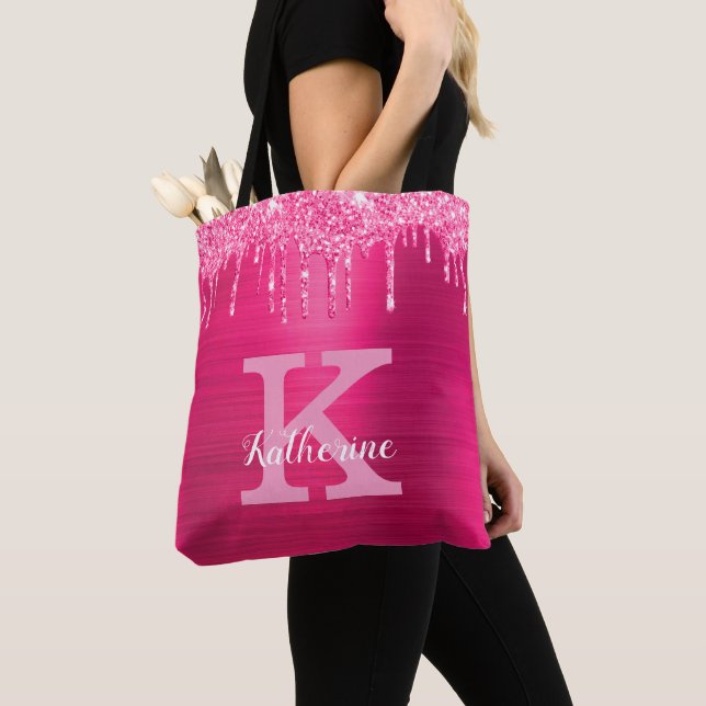 Bolso De Tela Girly Purpurina rosado caliente goteo Glam Monogra (Detalle)