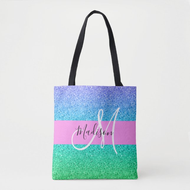 Bolso De Tela Glam Azul Verde Brillo Destello Gradiente Monogram (Anverso)