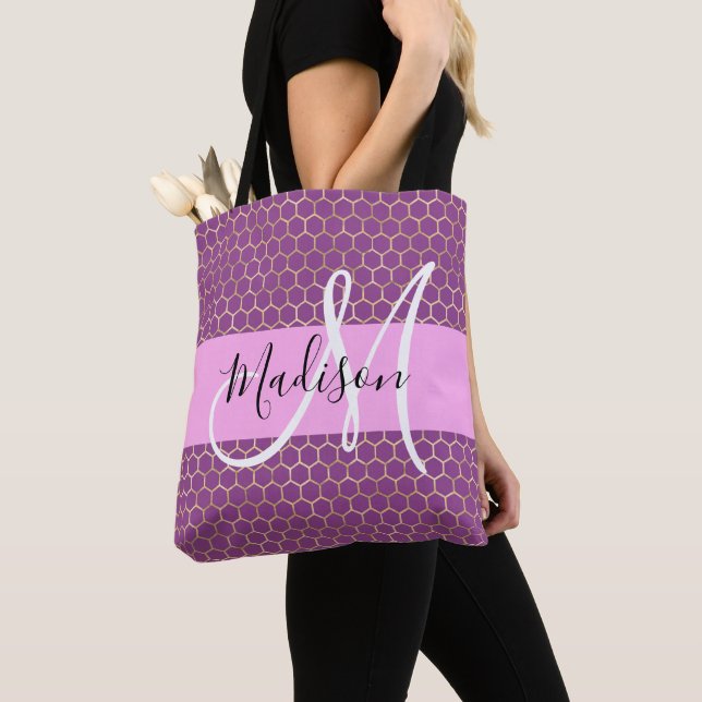 Bolso De Tela Glam Fuchsia Monograma de Honeycomb rosa metálico  (Detalle)