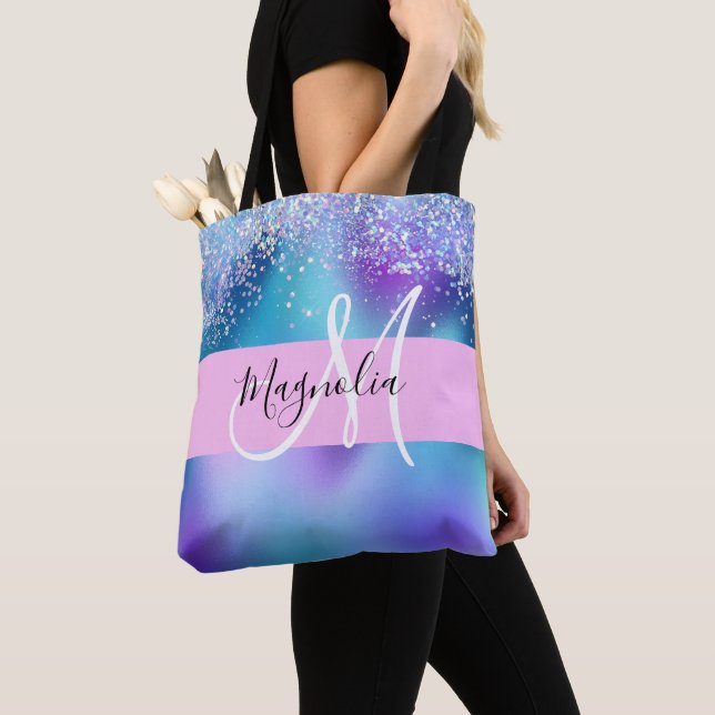 Bolso De Tela Glam Holographic Mermaid Purpurina Sparkle Monogra (Detalle)