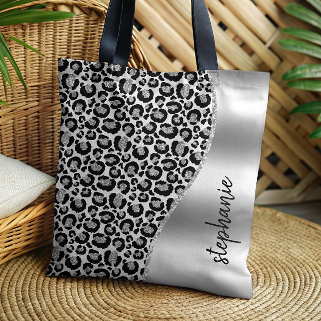 Bolso De Tela Glam Leopard Spots Black Silver Metallic Name (Subido por el creador)