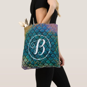 Bolso De Tela Glam Mermaid Fish Scales Verde azulado Purple Gold