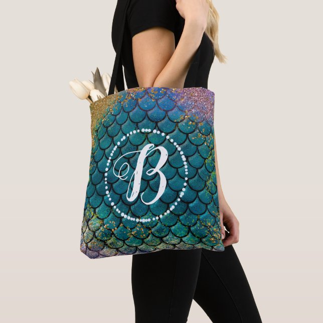 Bolso De Tela Glam Mermaid Fish Scales Verde azulado Purple Gold (Detalle)