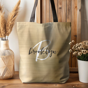 Bolso De Tela Glam Oro Metal Brusado Monograma Negro Blanco 