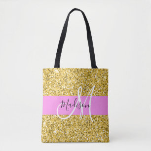 Bolso De Tela Glam Pink and Gold Purpurina Sparkles Monograma No
