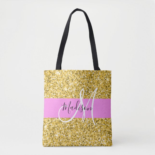 Bolso De Tela Glam Pink and Gold Purpurina Sparkles Monograma No (Anverso)