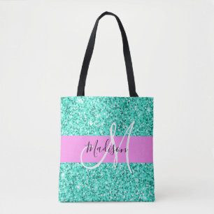 Bolso De Tela Glam Pink y Aqua Purpurina esparcen nombre monogra