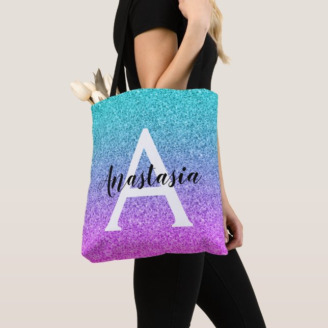 Bolso De Tela Glam Purple Aqua Purpurina Sparkle Gradiente Monog (Detalle)