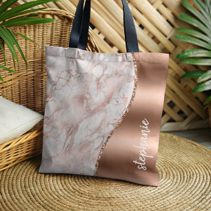 Bolso De Tela Glam Rosa Oro Blanco Mármol Metálico Nombre