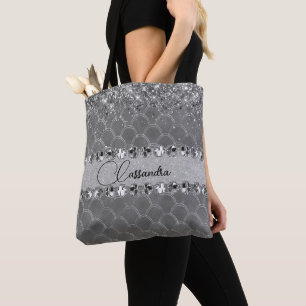 Bolso De Tela Glam Silver Purpurinoso Diamond Bling Tote Bag