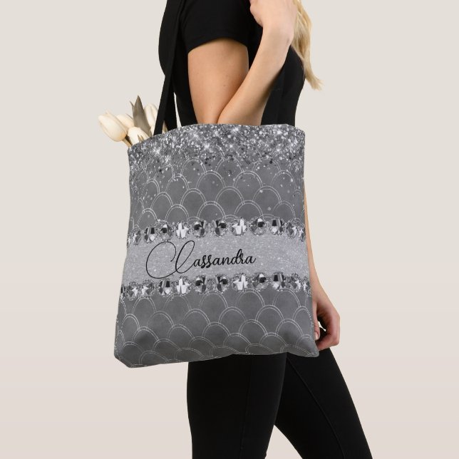 Bolso De Tela Glam Silver Purpurinoso Diamond Bling Tote Bag (Detalle)