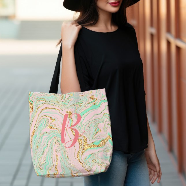 Bolso De Tela Glamoroso Bonito moderno Mint Rosa Mint Gold Marbl (Glamorous Modern Pretty Pink Mint Gold Marbling Tote Bag)