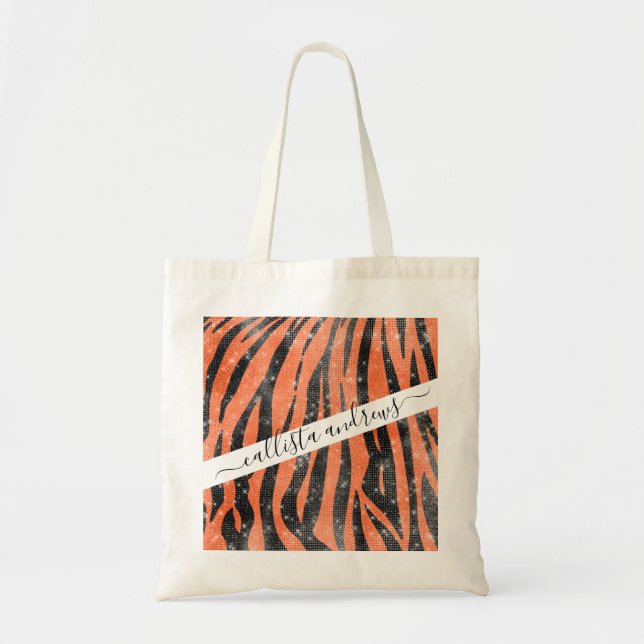 Bolso De Tela Glamoroso Naranja negro Purpurina de tigre animal (Frente)