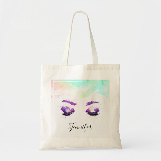 Bolso De Tela Glamorosos Ojos Púrpuros y Flores Acuarela (Frente)