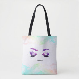 Bolso De Tela Glamorosos Ojos Púrpuros y Flores Acuarela