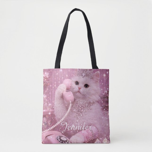 Bolso De Tela Glamorous Princess Cat Using Telephone             (Anverso)