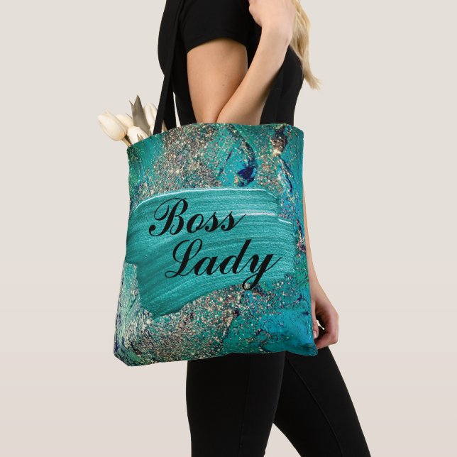Bolso De Tela Glittery Aqua Paint Strokes Boss Lady (Detalle)