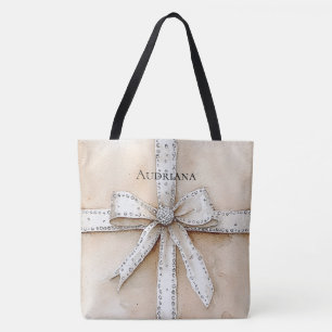 Bolso De Tela Glitzy Glam Bow de plata blanca crema
