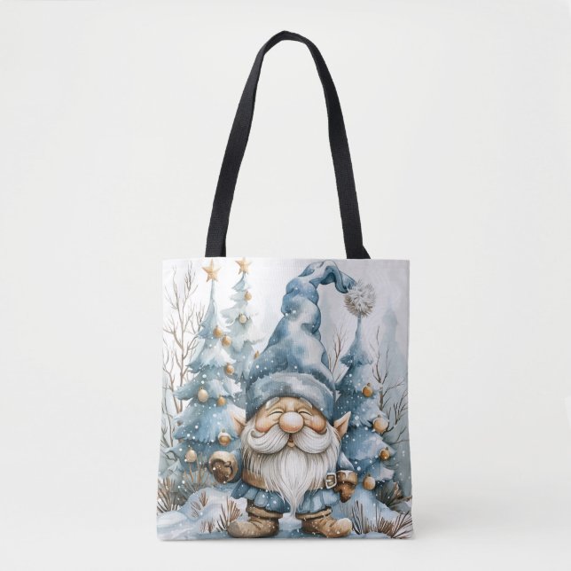 Bolso De Tela Gnome azul turbio y árboles de Navidad (Anverso)