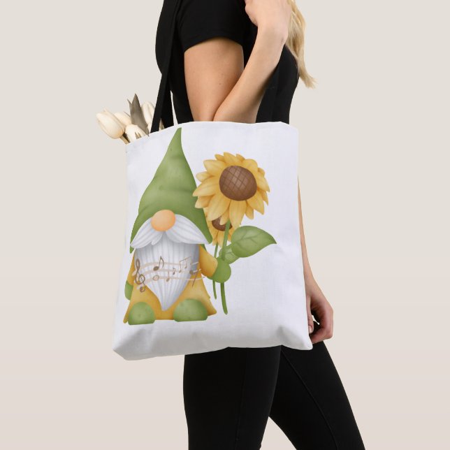 Bolso De Tela Gnome Holding a Sunflower and Notes on a Tote Bag (Detalle)