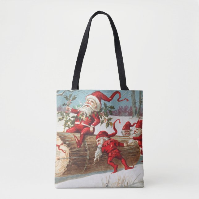 Bolso De Tela Gnomes dragging a cut tree trunk through the snow (Anverso)