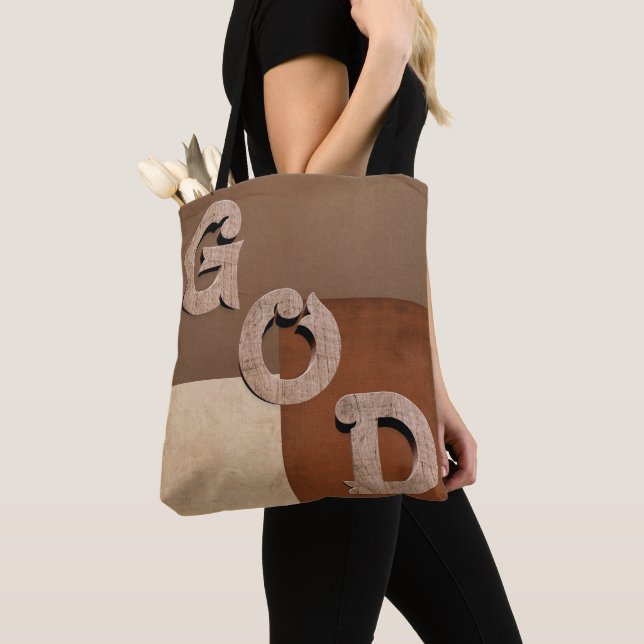 Bolso De Tela "GOD" bold statement Beige & Brown Shoulder Tote (Detalle)