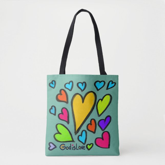 Bolso De Tela God is Love with Hearts Turquoise (Anverso)