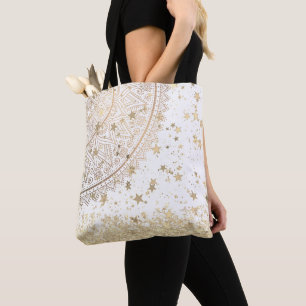 Bolso De Tela Gold Lotus Mandala con estrellas de oro en blanco