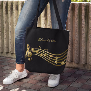 Bolso De Tela Gold Music Notes Personalizado cantante negro mode