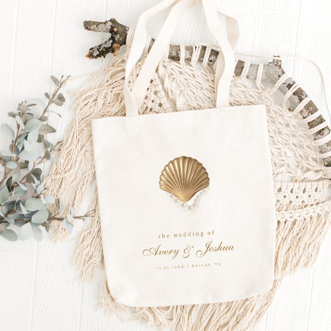 Bolso De Tela Gold Seashell Custom Coastal Wedding Favor (Subido por el creador)