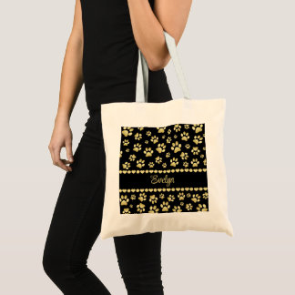 Bolso De Tela Golden Paw Prints on Black with Custom Name