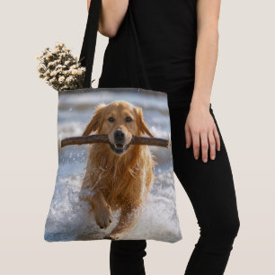 Bolso De Tela Golden Retriever corriendo con un palo de playa