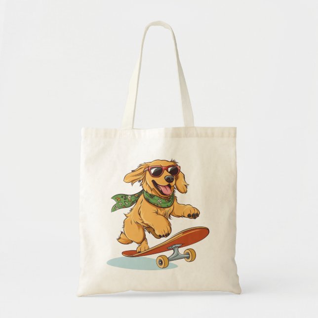 Bolso De Tela Golden Retriever Dog Skateboarding (Frente)