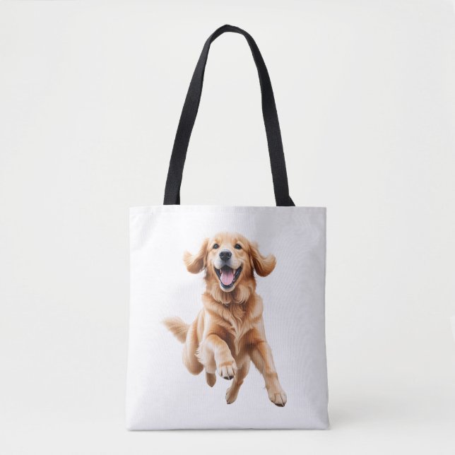 Bolso De Tela Golden Retriever Happy Playong Fun Saltando Al Air (Anverso)