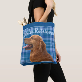 Bolso De Tela Golden Retriever on Blue Plaid