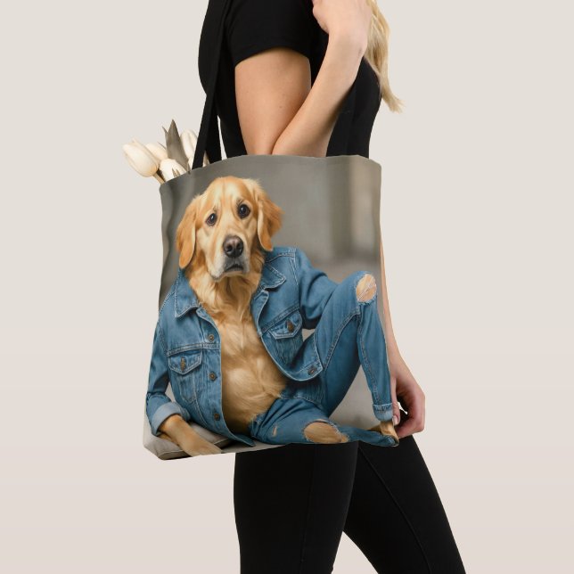 Bolso De Tela Golden Retriever Posando En Jeans Azules (Detalle)