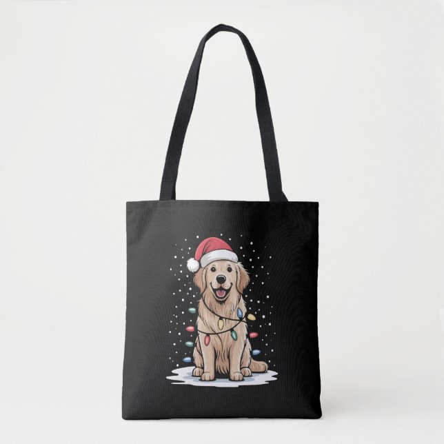 Bolso De Tela Golden Retriever Santa Christmas Tree Lights Xmas (Anverso)