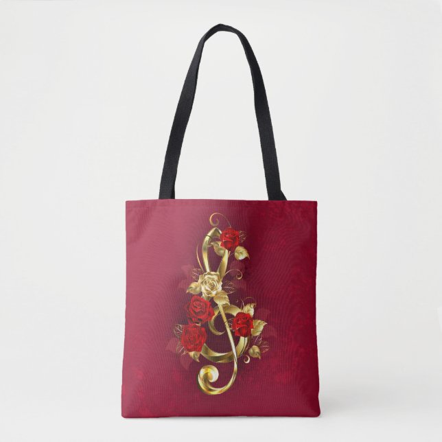 Bolso De Tela Golden Treble Clef con flores Rosas (Anverso)