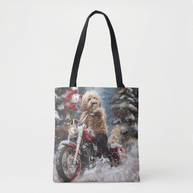 Bolso De Tela Goldendoodle Perro Montando Motocicleta Navidad  (Anverso)